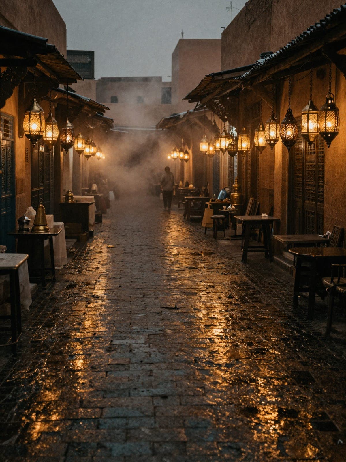 A rain-wet cobbled lane in a souk at dusk, pierced brass lanterns burning along both sides, a single figure walking away into steam at the far end.