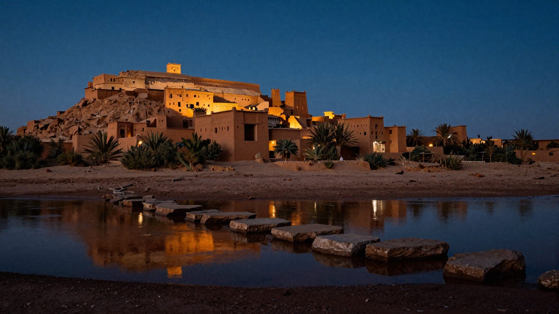 The earthen ksar of Aït Benhaddou floodlit against a deep blue sky after sunset, its towers reflected in the river below, with a line of stepping stones crossing the water in the foreground.