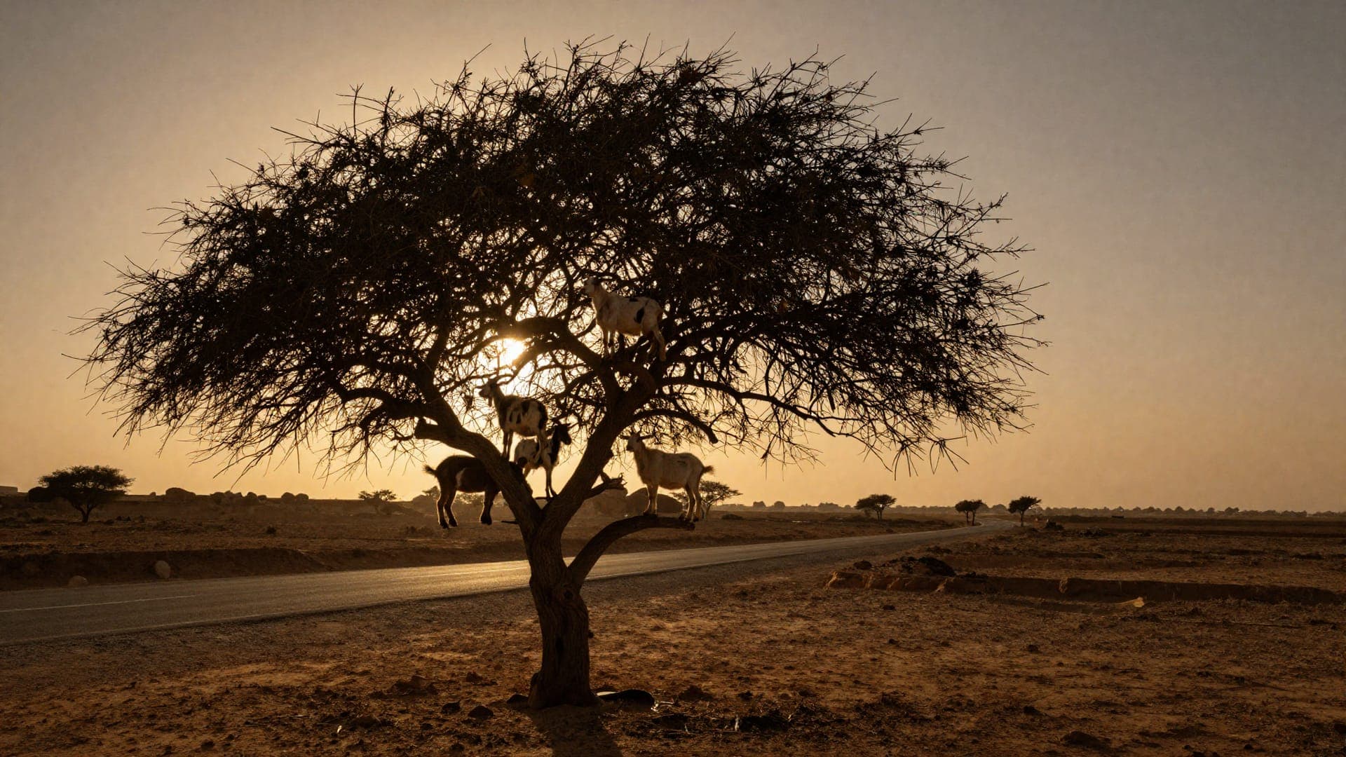 Four goats standing in the branches of a lone argan tree beside an empty road, silhouetted against a low sun in a dust-coloured sky.