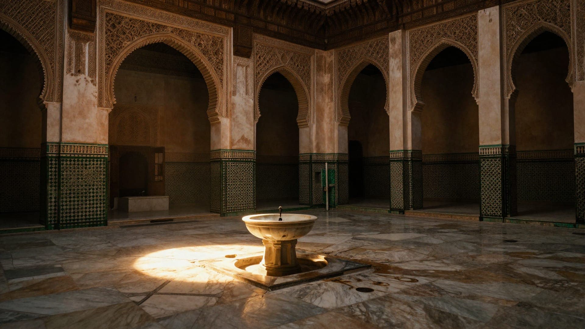 A pool of sunlight on the marble floor of a Fes madrasa courtyard beside a carved basin fountain, with green-and-white zellige running around the walls under stucco arches.