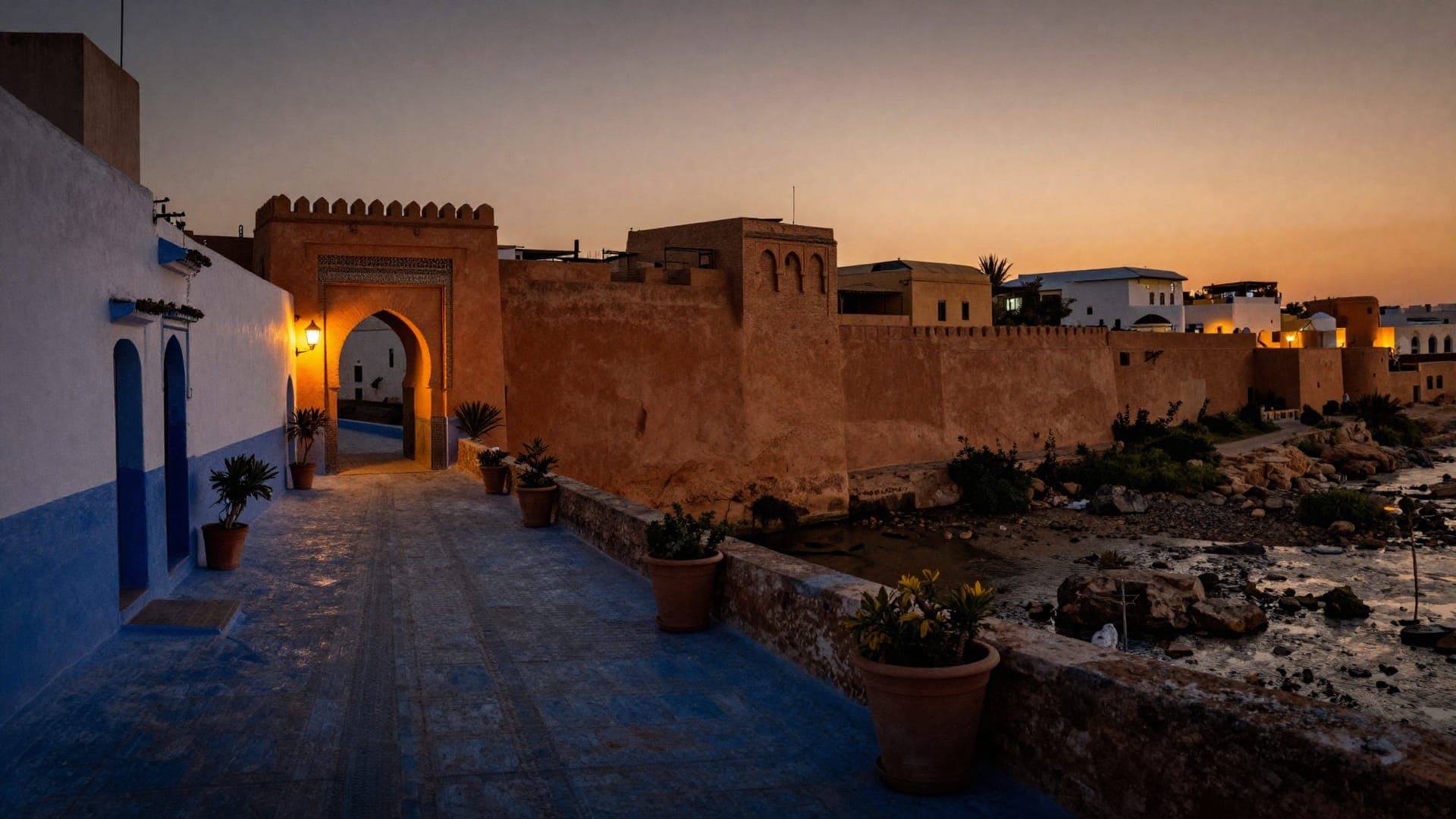 A lane in the Kasbah of the Udayas at dusk — houses washed white above and blue below, a lit ochre gateway at the end of it, and the rocky estuary mouth on the right.