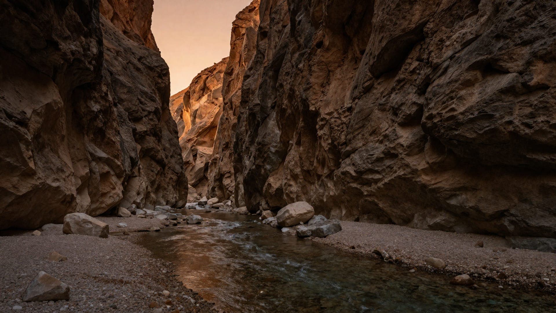 A narrow gorge with sheer limestone walls hundreds of feet high, a shallow river running over gravel along its floor, and the top of the far wall catching warm light.