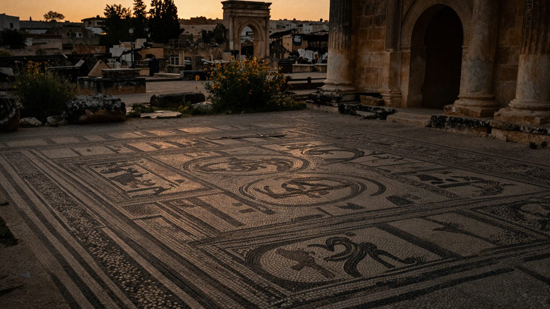 A Roman mosaic floor at Volubilis in evening light, its geometric panels and figures still legible, with standing columns and a triumphal arch behind it.