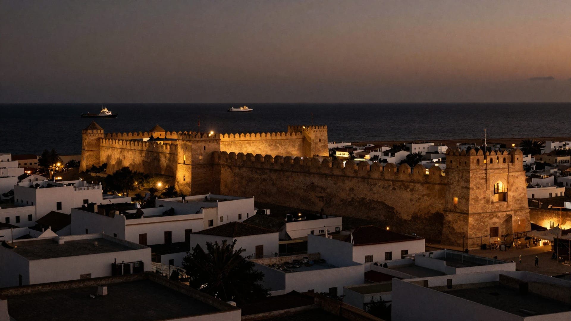 Lit ramparts above a whitewashed medina at dusk, with ships crossing the water beyond the walls.