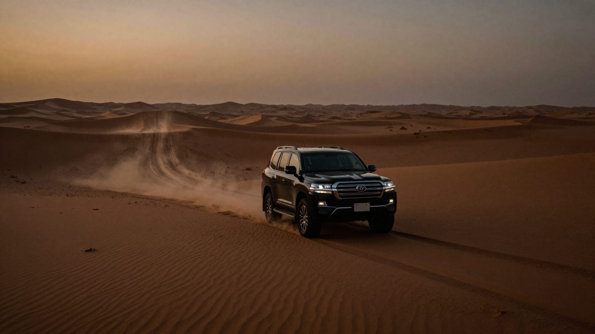 A four-wheel drive climbing a dune at dusk, trailing sand from its wheels, with an unbroken field of dunes running to the horizon behind it.