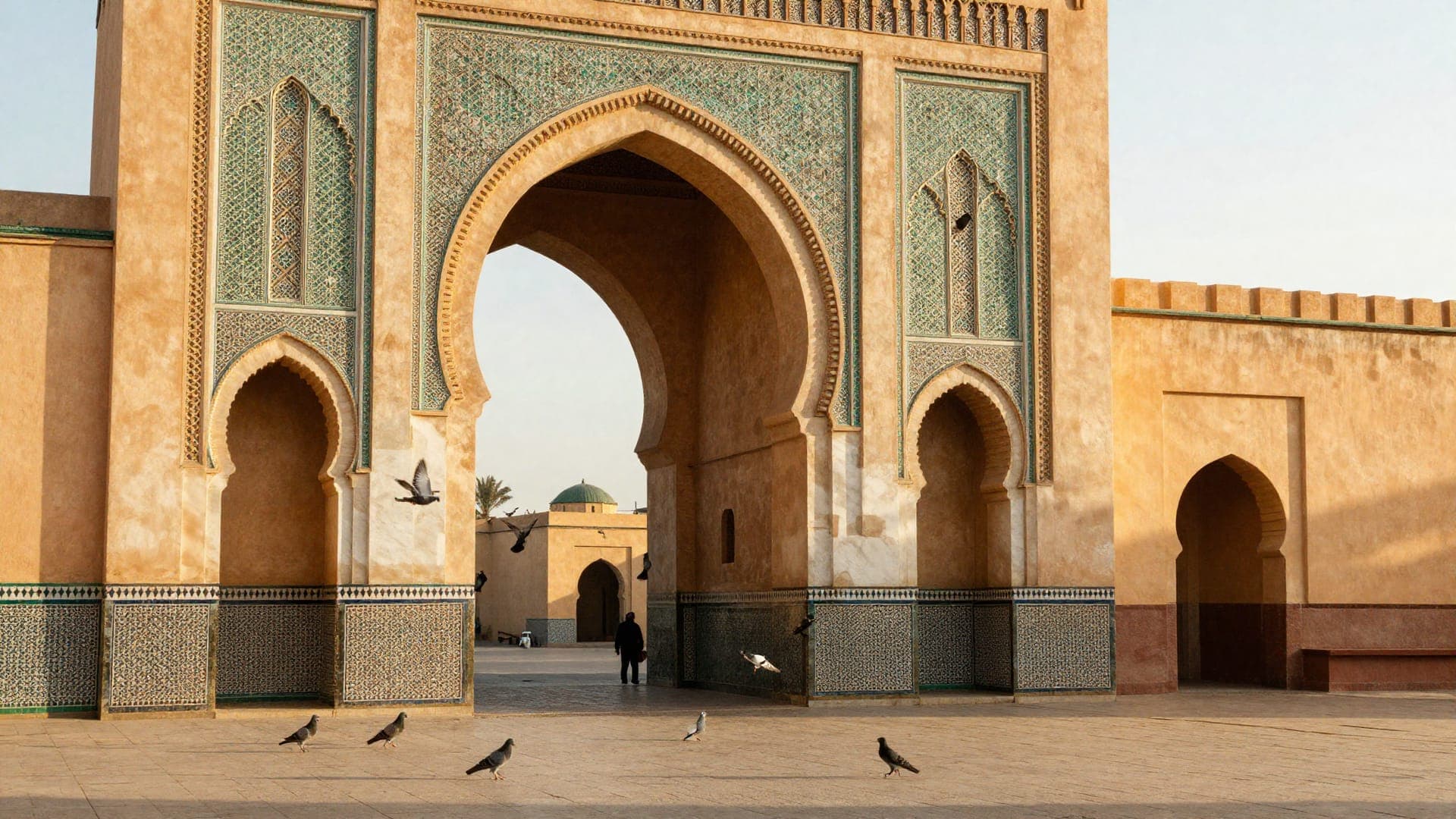 Bab Mansour in Meknes — an enormous horseshoe gate faced in green and gold zellige and carved plaster, with a lone figure walking through the arch and pigeons on the square.