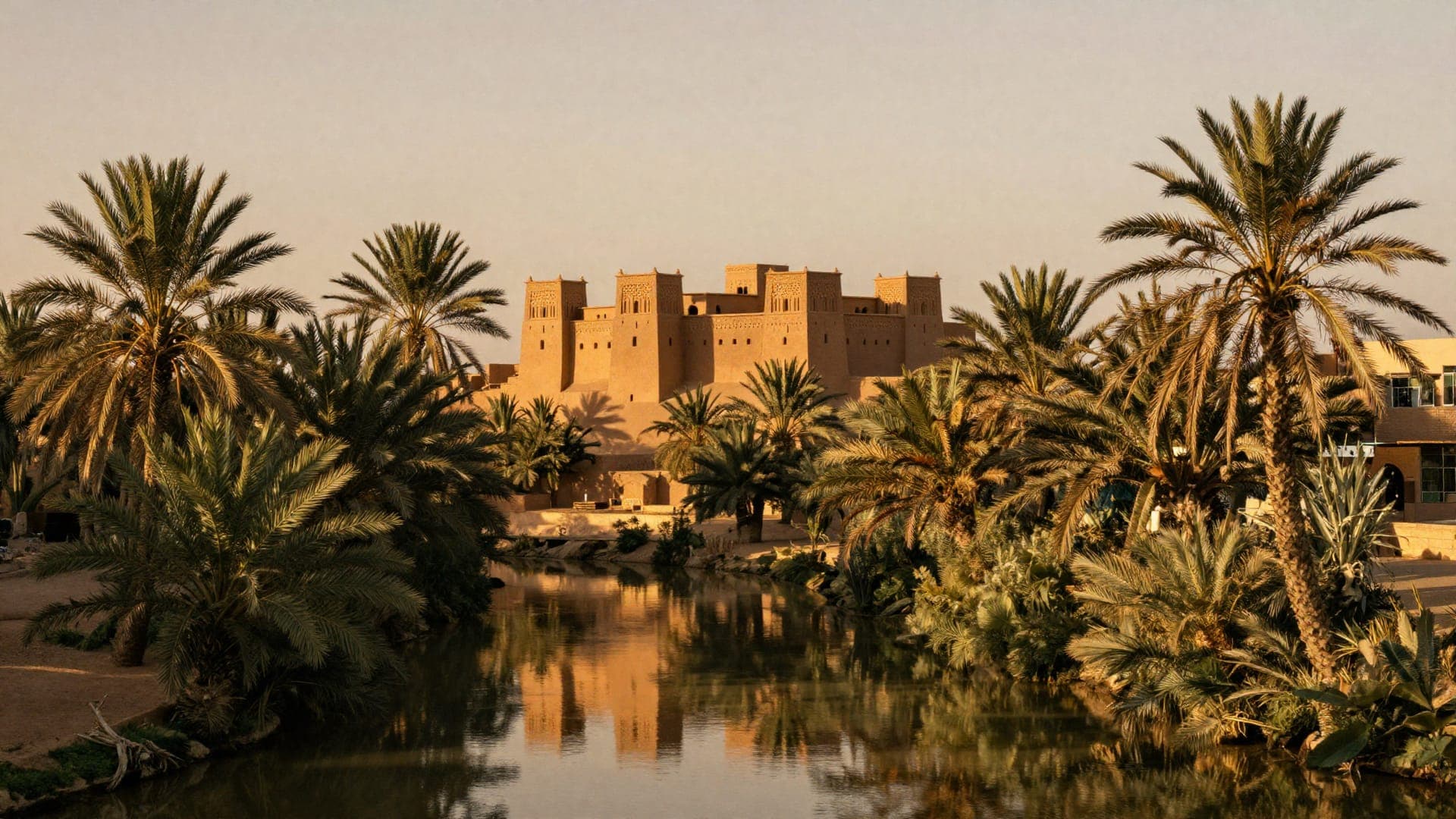 An earth-built kasbah with decorated corner towers standing above a dense date palmery, the whole of it reflected in still water in the foreground.