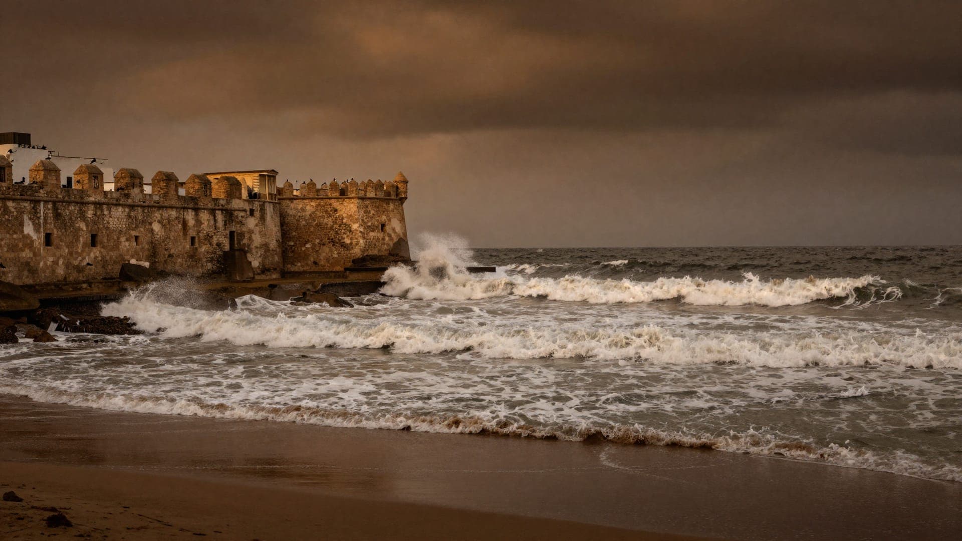 Atlantic breakers driving in against the crenellated stone ramparts of a coastal town under a heavy, gold-lit sky.